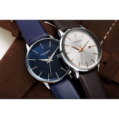 Akribos XXIV Men's Classic Date Curved Crystal Leather Strap Watch