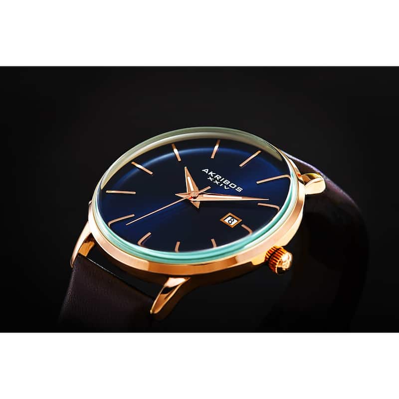 Akribos XXIV Men's Classic Date Curved Crystal Leather Strap Watch