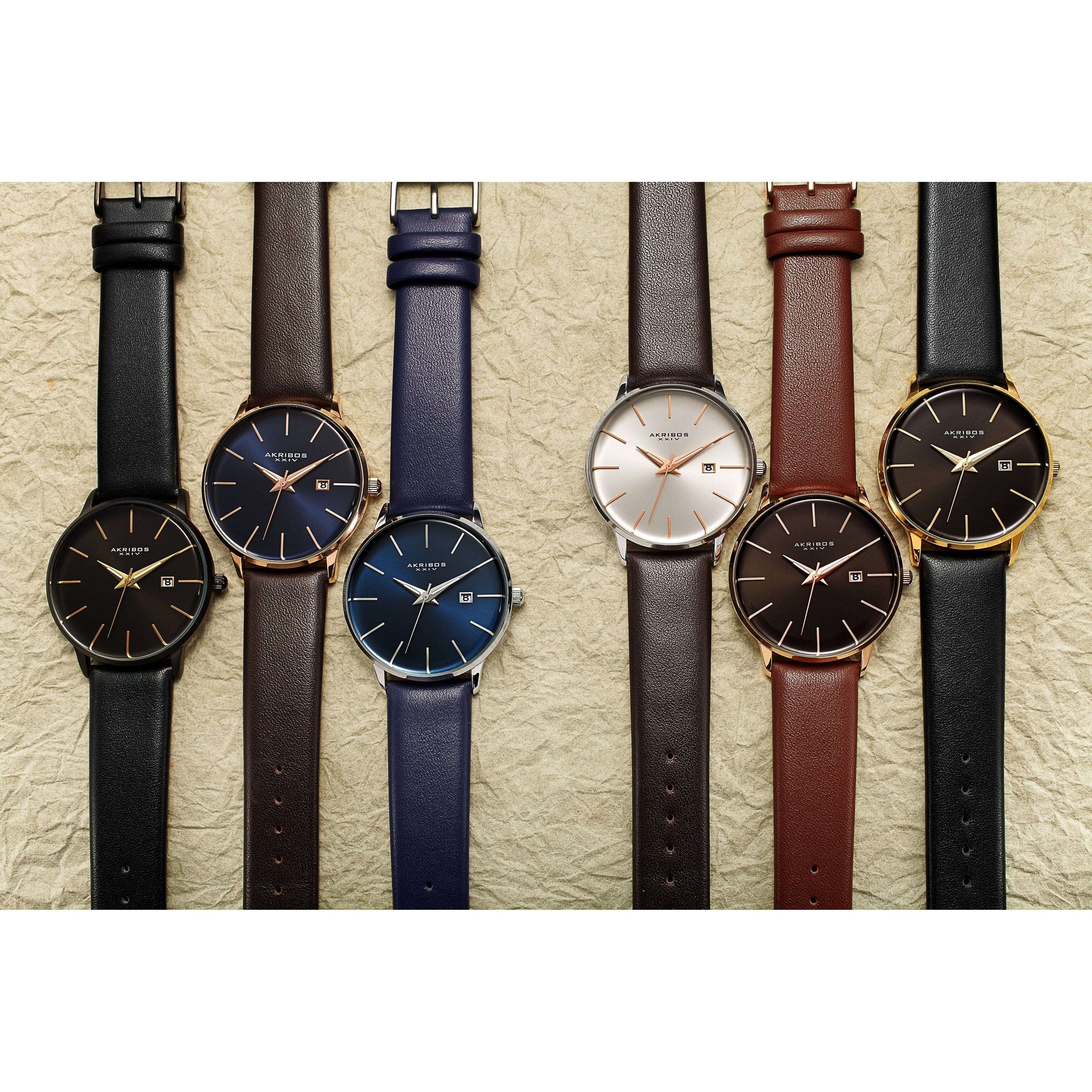 Akribos XXIV Men's Classic Date Curved Crystal Leather Strap Watch