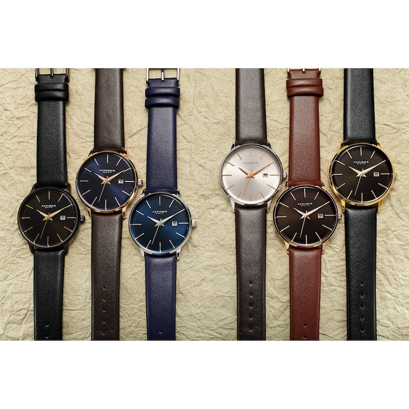 Akribos XXIV Men's Classic Date Curved Crystal Leather Strap Watch