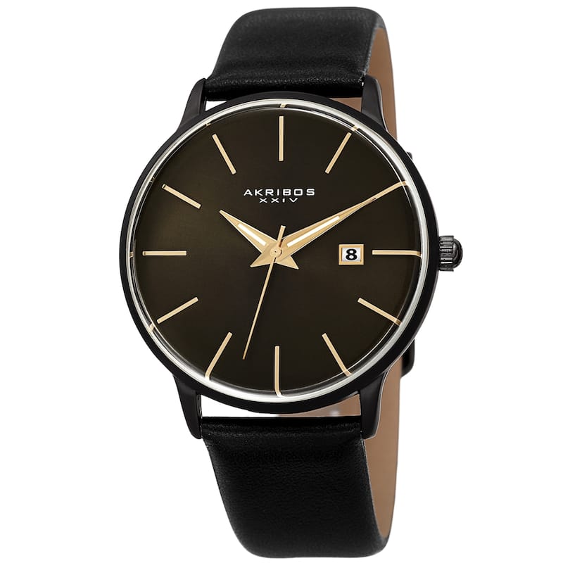 Akribos XXIV Men's Classic Date Curved Crystal Leather Strap Watch