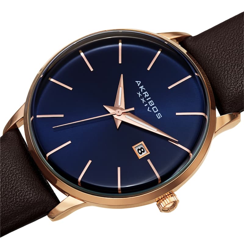 Akribos XXIV Men's Classic Date Curved Crystal Leather Strap Watch