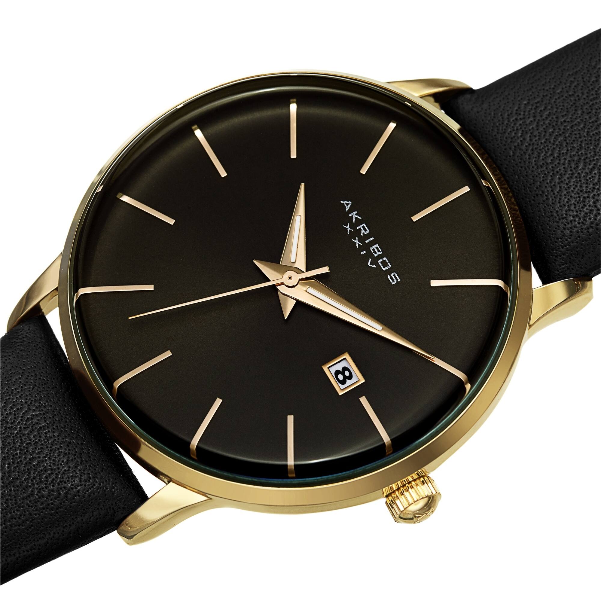 Akribos XXIV Men's Classic Date Curved Crystal Leather Strap Watch