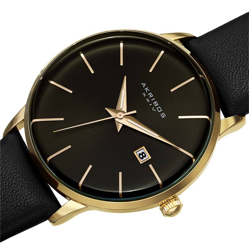 Akribos XXIV Men's Classic Date Curved Crystal Leather Strap Watch
