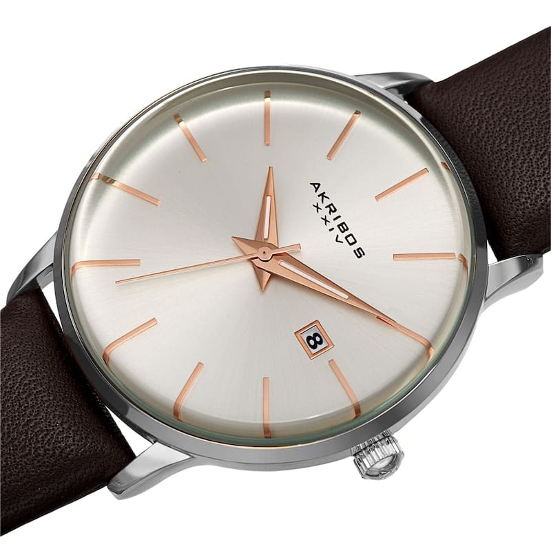 Akribos XXIV Men's Classic Date Curved Crystal Leather Strap Watch - Silver