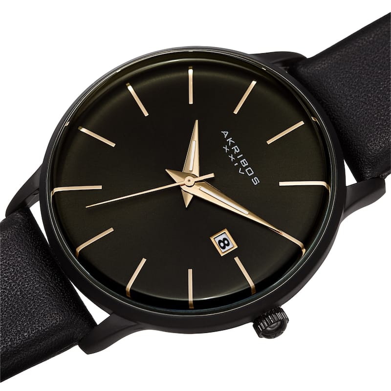 Akribos XXIV Men's Classic Date Curved Crystal Leather Strap Watch - Black