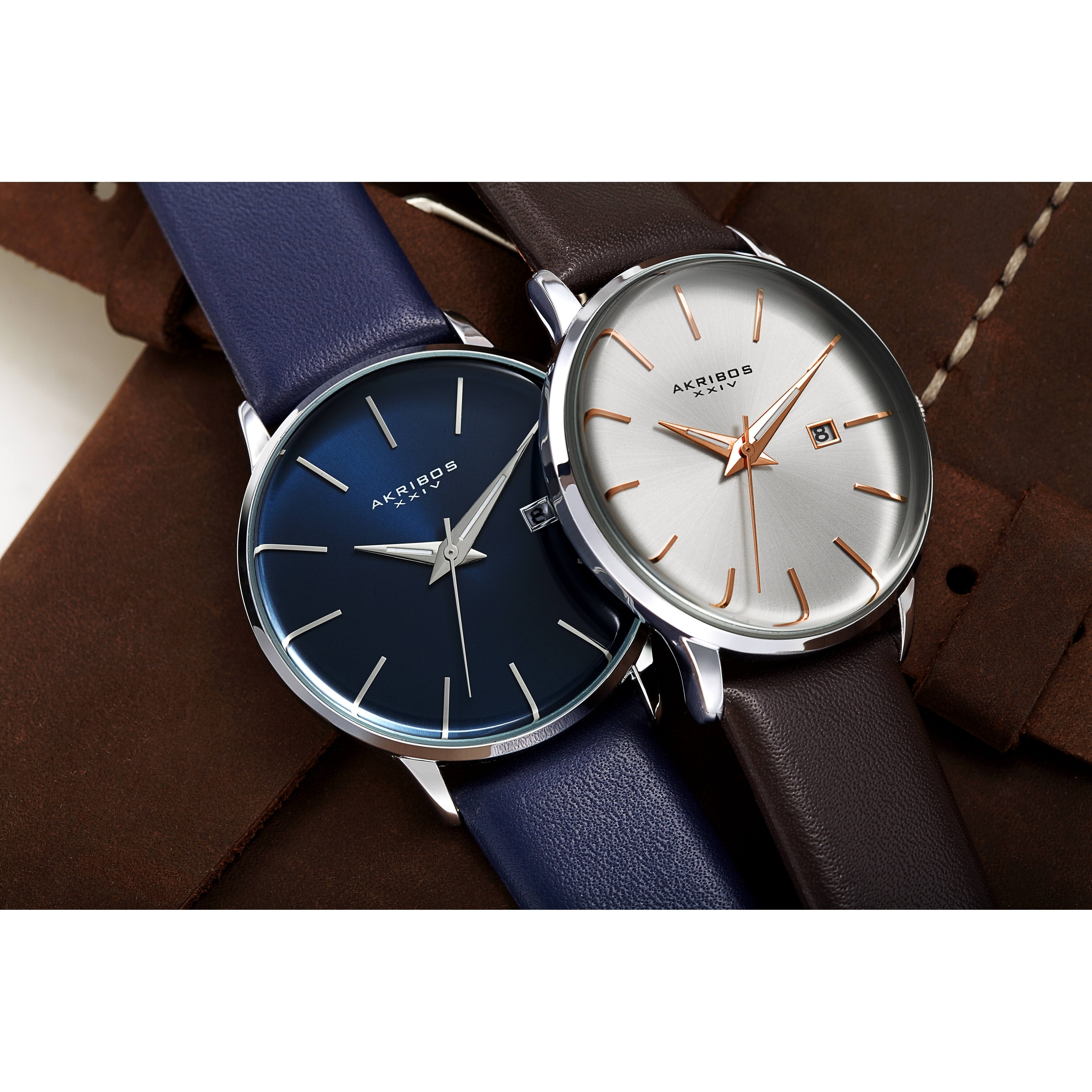 Akribos XXIV Men's Classic Date Curved Crystal Leather Strap Watch