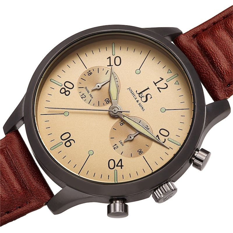 Joshua & Sons Men's Quartz 24 Hour Ridged Leather Strap Watch - Brown