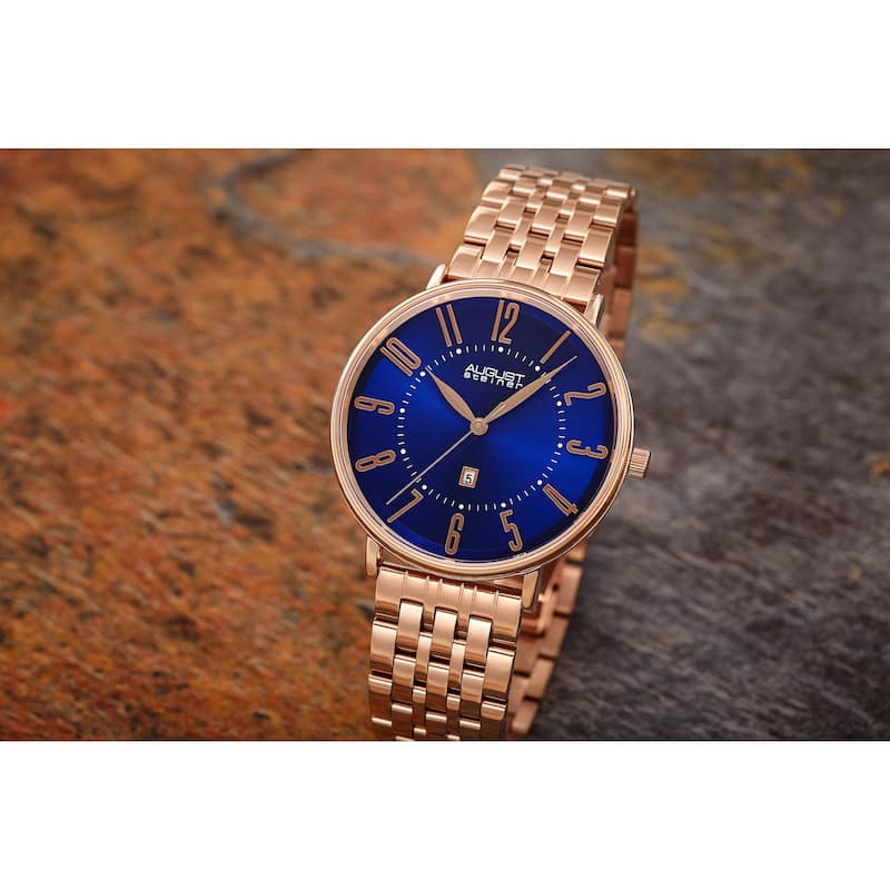 August Steiner Men's Chic Radiant Date Stainless Steel Link Bracelet - Rose
