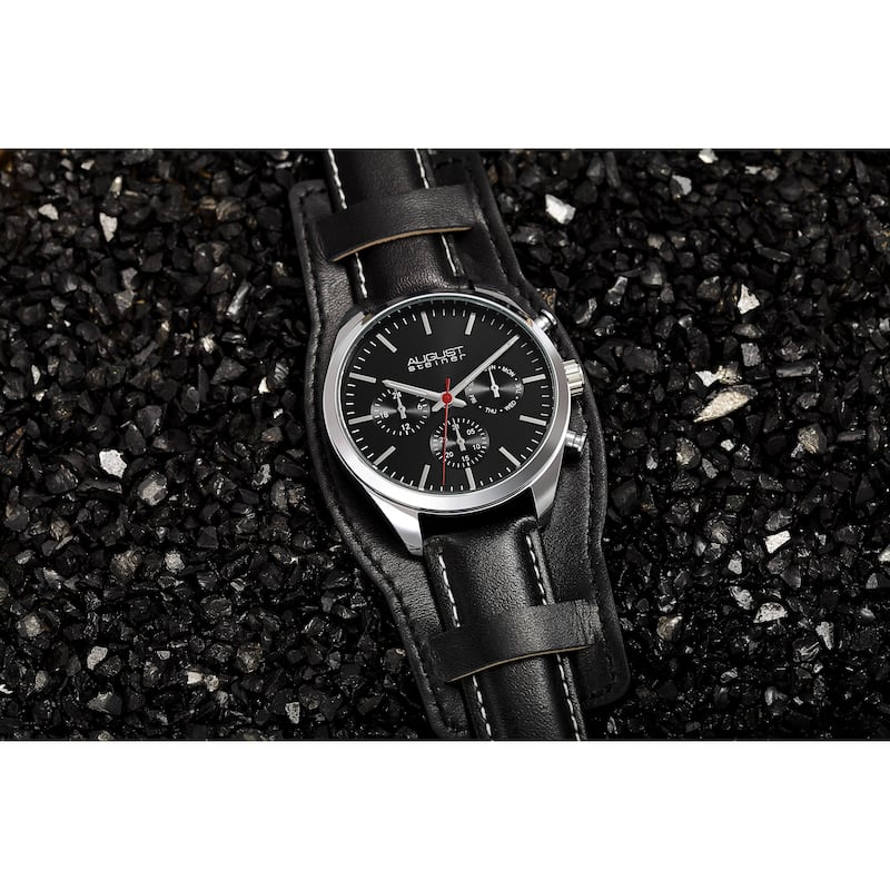 August Steiner Men's Date Leather Removable Cuff Strap Watch - Black