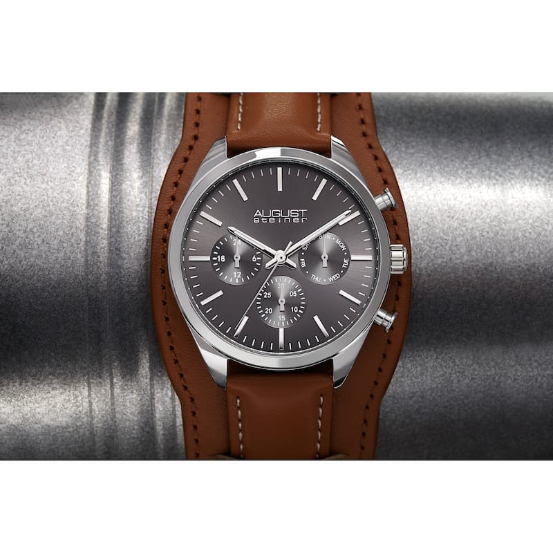 August Steiner Men's Date Leather Removable Cuff Strap Watch - Black
