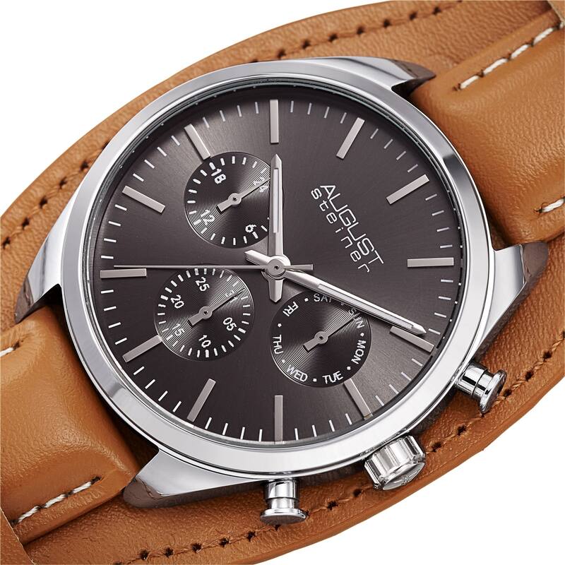 August Steiner Men's Date Leather Removable Cuff Strap Watch - Black - Tan