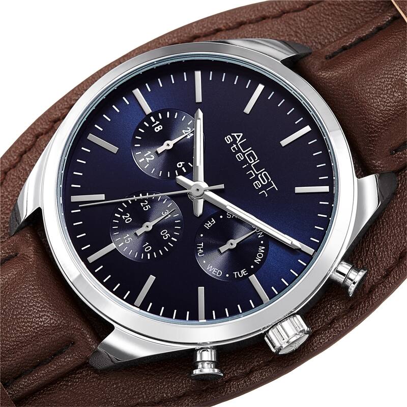 August Steiner Men's Date Leather Removable Cuff Strap Watch - Black - Brown