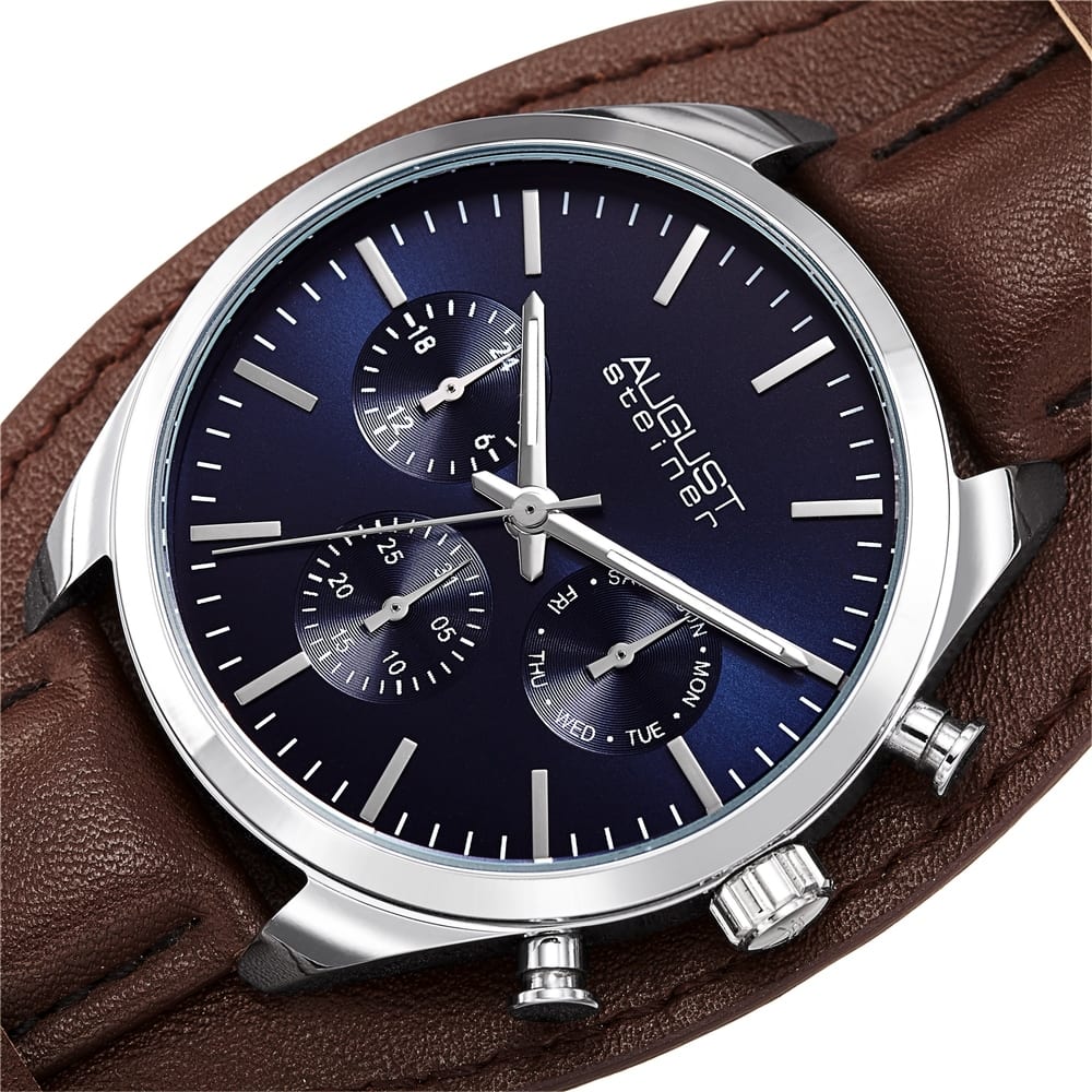 August Steiner Men's Date Leather Removable Cuff Strap Watch - Black