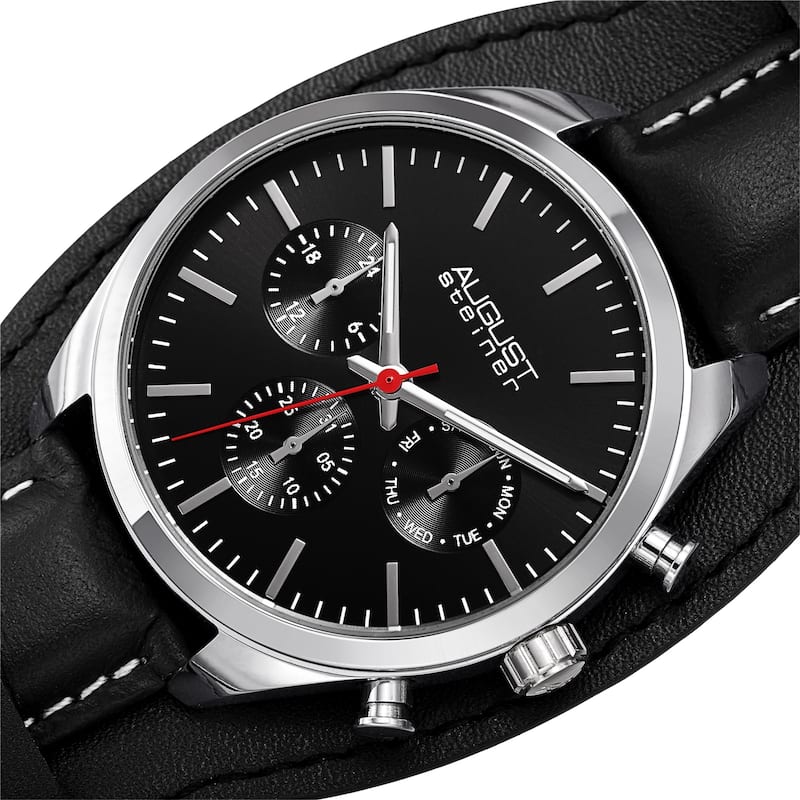 August Steiner Men's Date Leather Removable Cuff Strap Watch - Black - Black