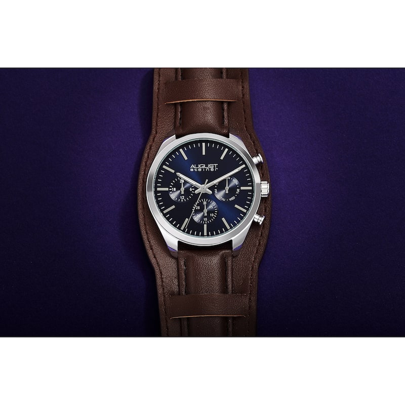 August Steiner Men's Date Leather Removable Cuff Strap Watch - Black