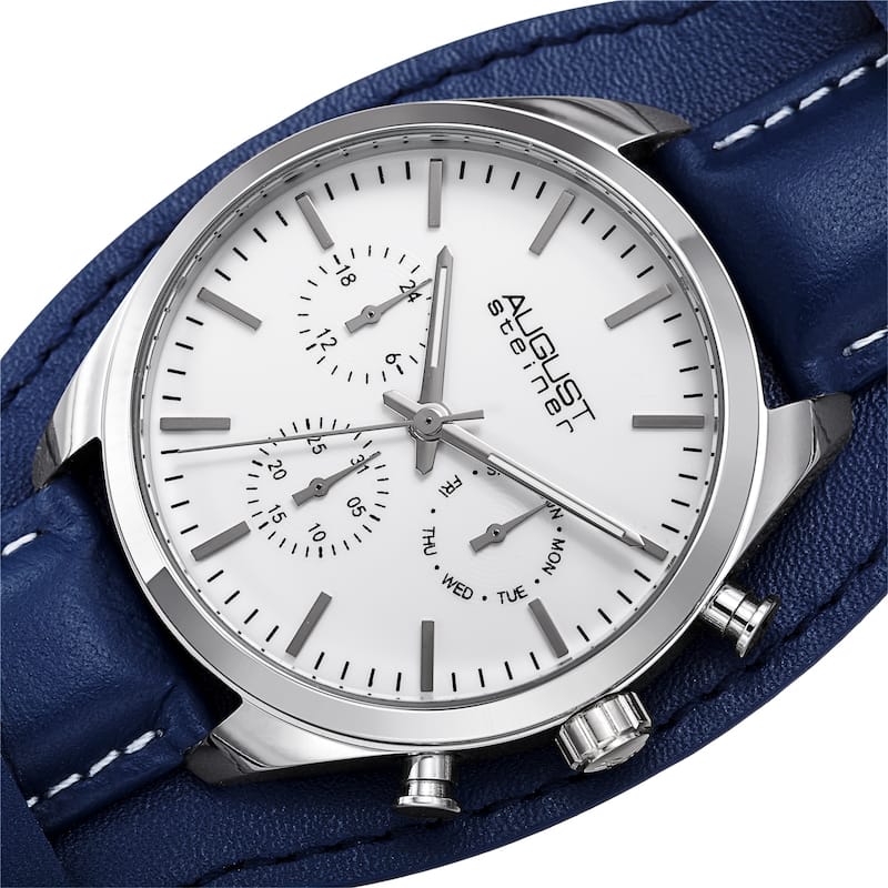 August Steiner Men's Date Leather Removable Cuff Strap Watch - Black - Blue