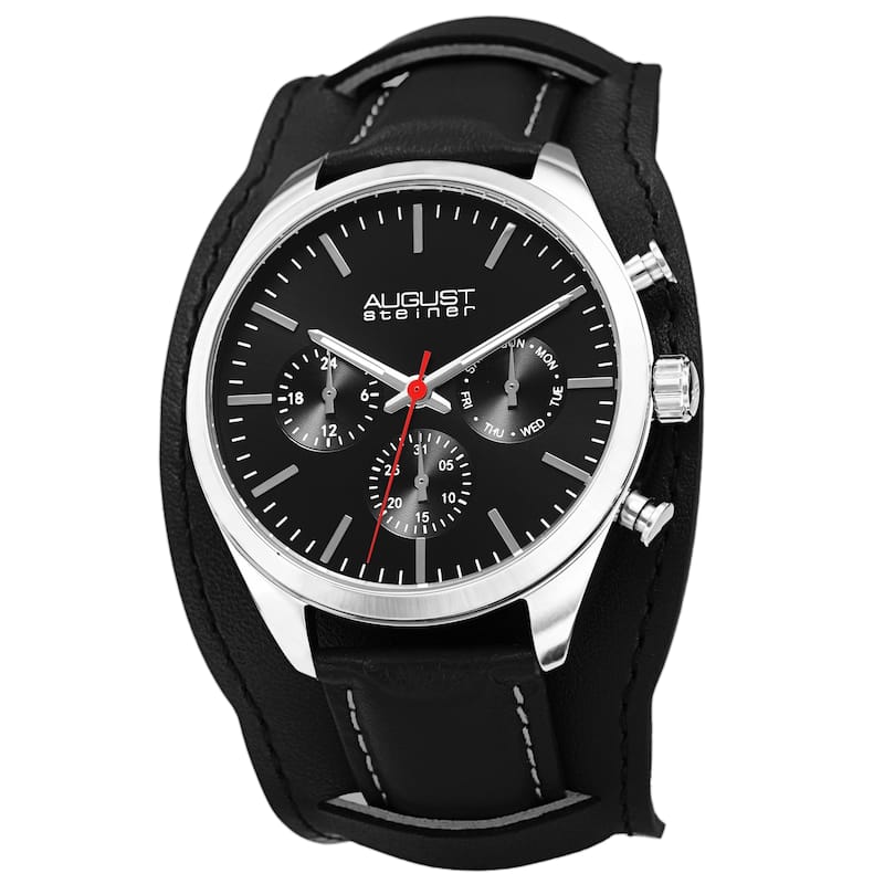 August Steiner Men's Date Leather Removable Cuff Strap Watch - Black