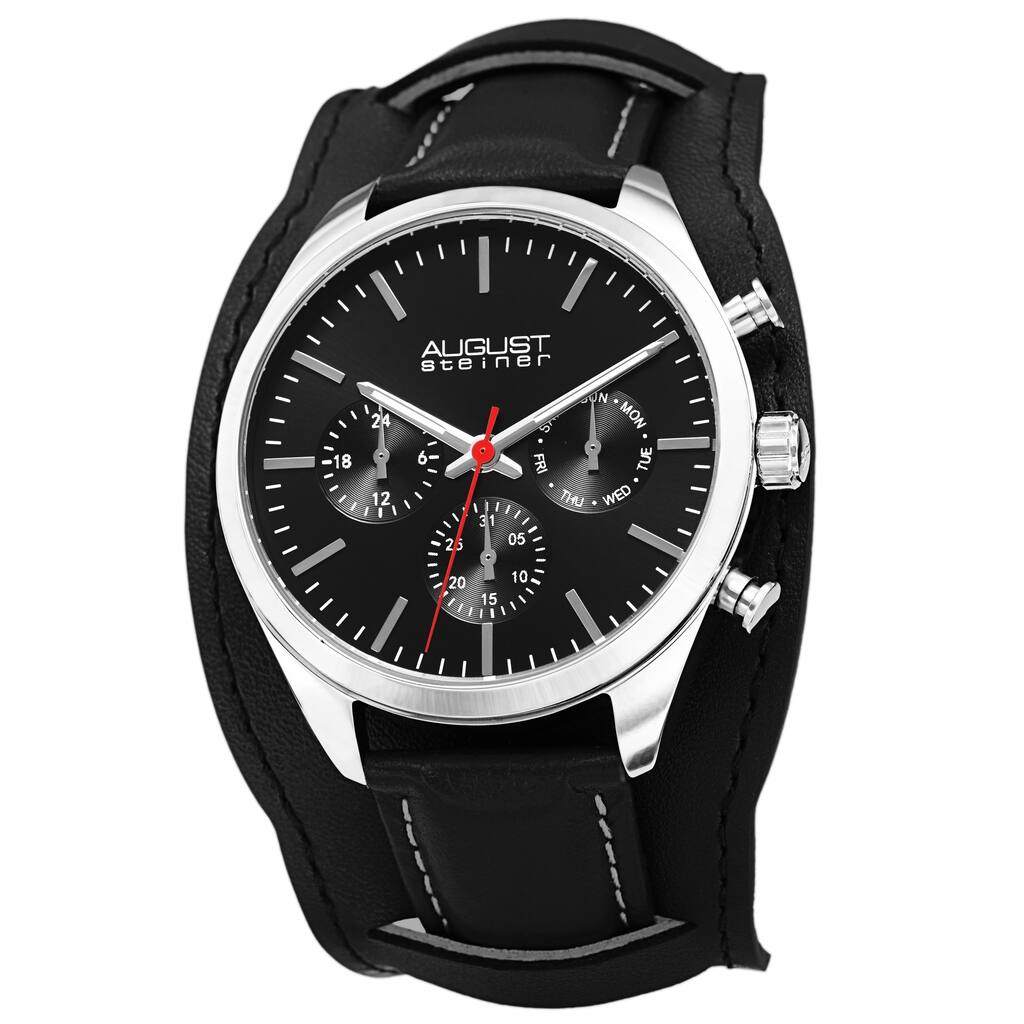 August Steiner Men's Date Leather Removable Cuff Strap Watch - Black