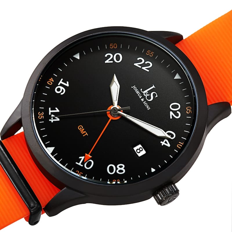 Joshua & Sons Sporty Men's GMT Flexible Textured Strap Watch - Black - Orange