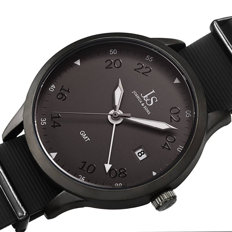 Joshua & Sons Sporty Men's GMT Flexible Textured Strap Watch - Black - Black