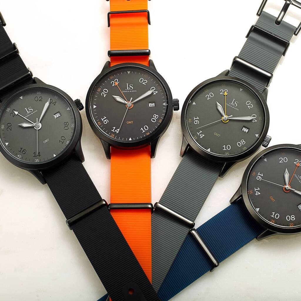 Joshua & Sons Sporty Men's GMT Flexible Textured Strap Watch - Black