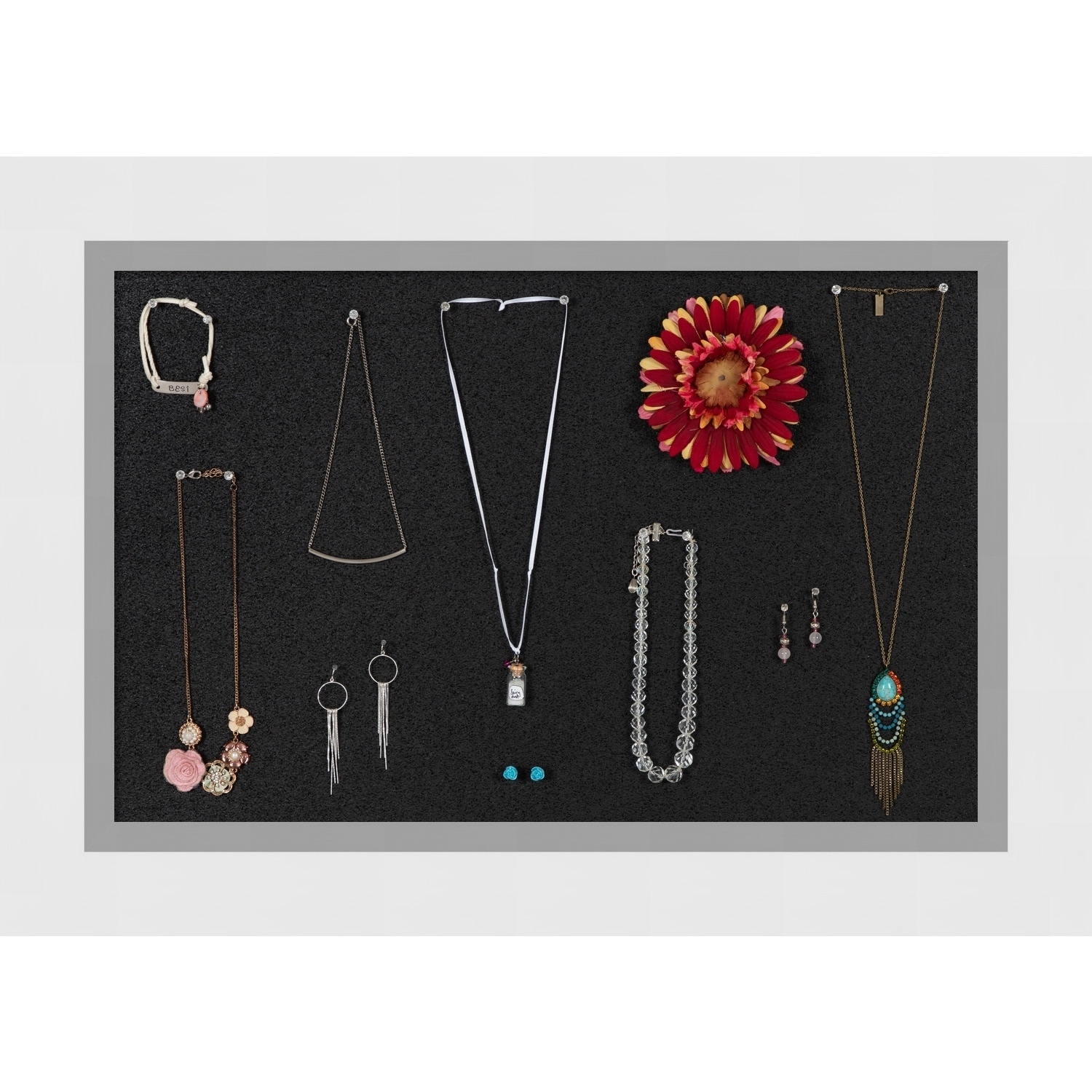 Framed Teen Jewelry Organizer Blanco White Wood Black Corkboard