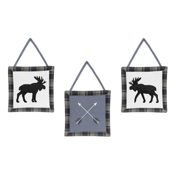 slide 1 of 1, Sweet Jojo Designs Blue, Tan and Black Woodland Plaid and Arrow Rustic Patch Collection Wall Hangings (Set of 3)