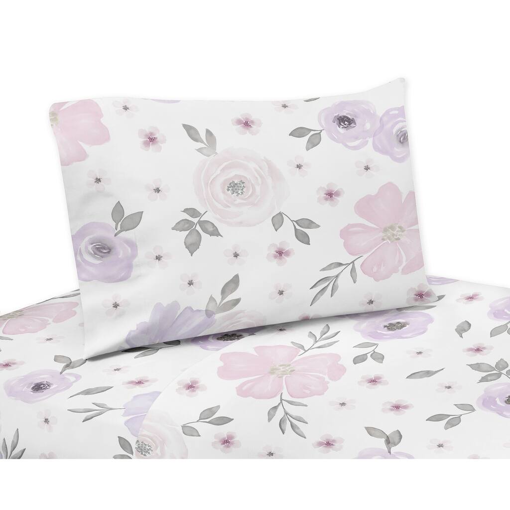 Sweet Jojo Designs Lavender Purple, Pink, Grey and White Watercolor Floral Collection 4-piece Queen Bed Sheet Set