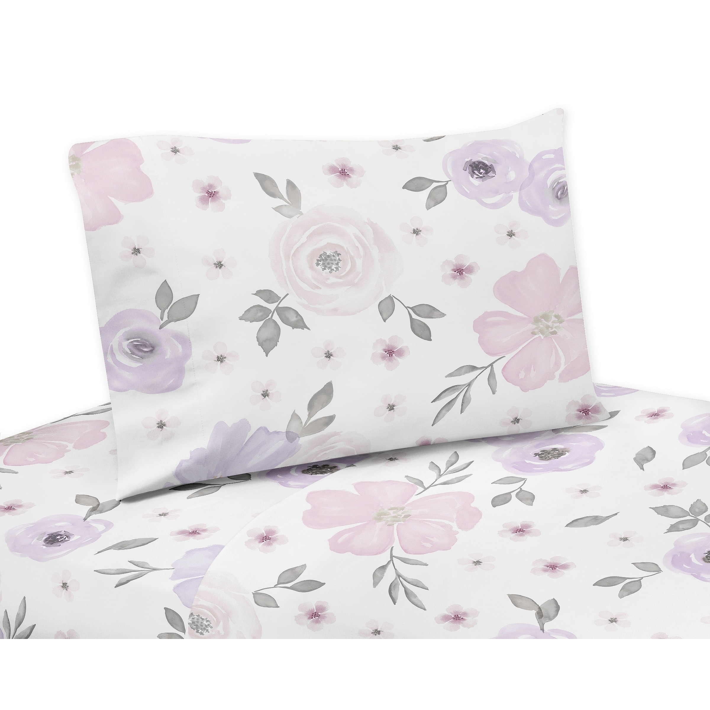 Sweet Jojo Designs Lavender Purple, Pink, Grey and White Watercolor Floral Collection 4-piece Queen Bed Sheet Set
