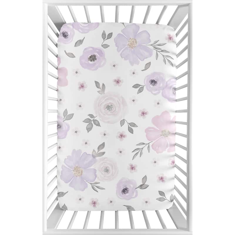 Sweet Jojo Designs Lavender Purple, Pink, Grey and White Watercolor Floral Collection Fitted Mini Portable Crib Sheet