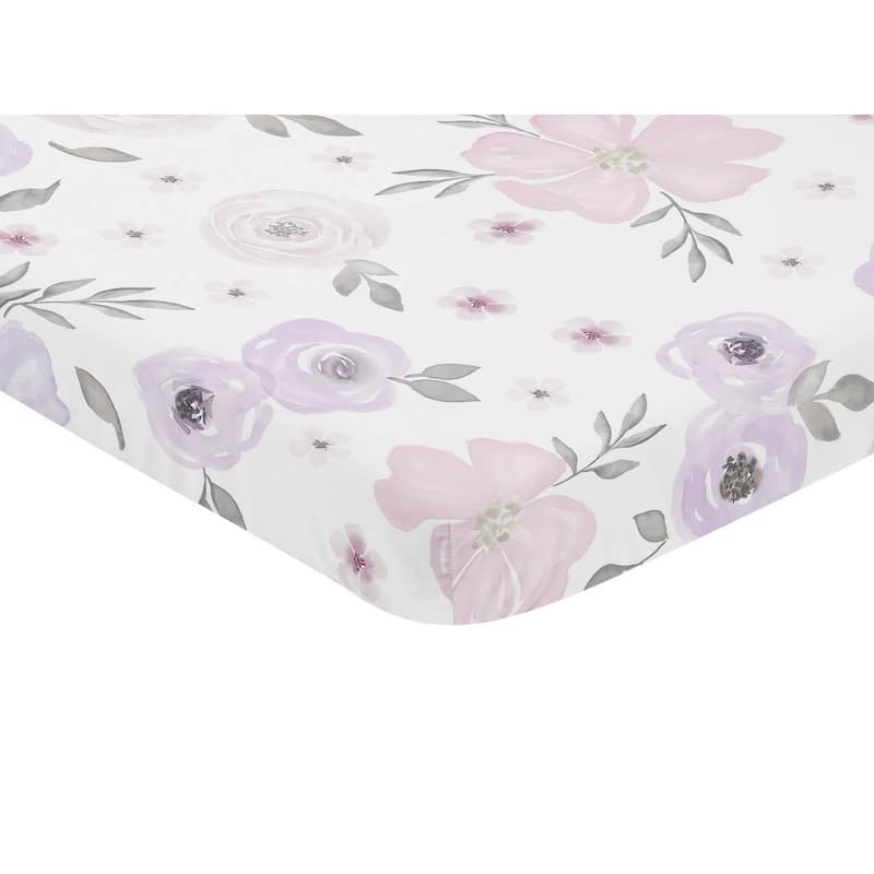 Sweet Jojo Designs Lavender Purple, Pink, Grey and White Watercolor Floral Collection Fitted Mini Portable Crib Sheet