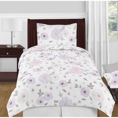 Sweet Jojo Designs Lavender Purple Pink Grey White Shabby Chic Watercolor Floral Collection Girl 4-Piece Twin-size Comforter Set