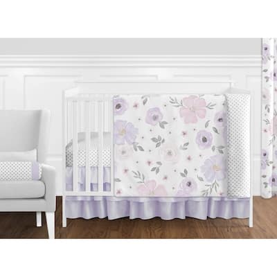 Sweet Jojo Designs Lavender Purple Pink Grey White Shabby Chic Watercolor Floral Collection 11-Piece Nursery Crib Bedding Set