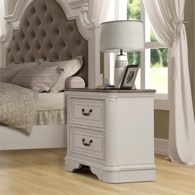 Roundhill Furniture Laval Antique White and Oak Wood 2-Drawer Nightstand