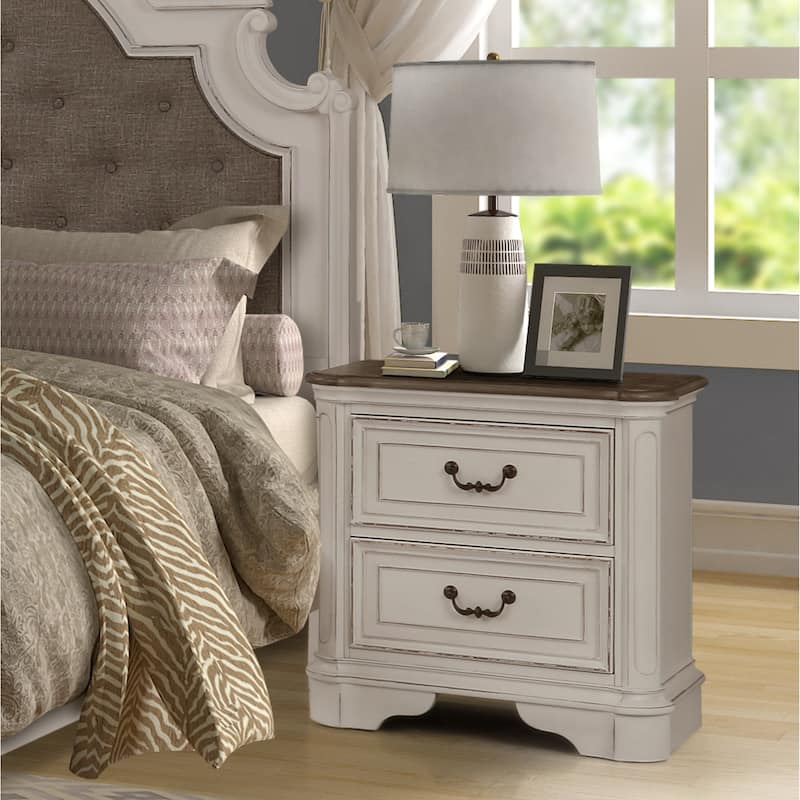 Roundhill Furniture Laval Antique White and Oak Wood 2-Drawer Nightstand