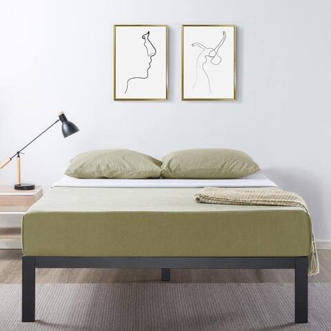 14 Inch Heavy Duty Metal Platform Bed/Wooden Slat Support/Mattress Foundation (No Box Spring Needed, Black) - Crown Comfort