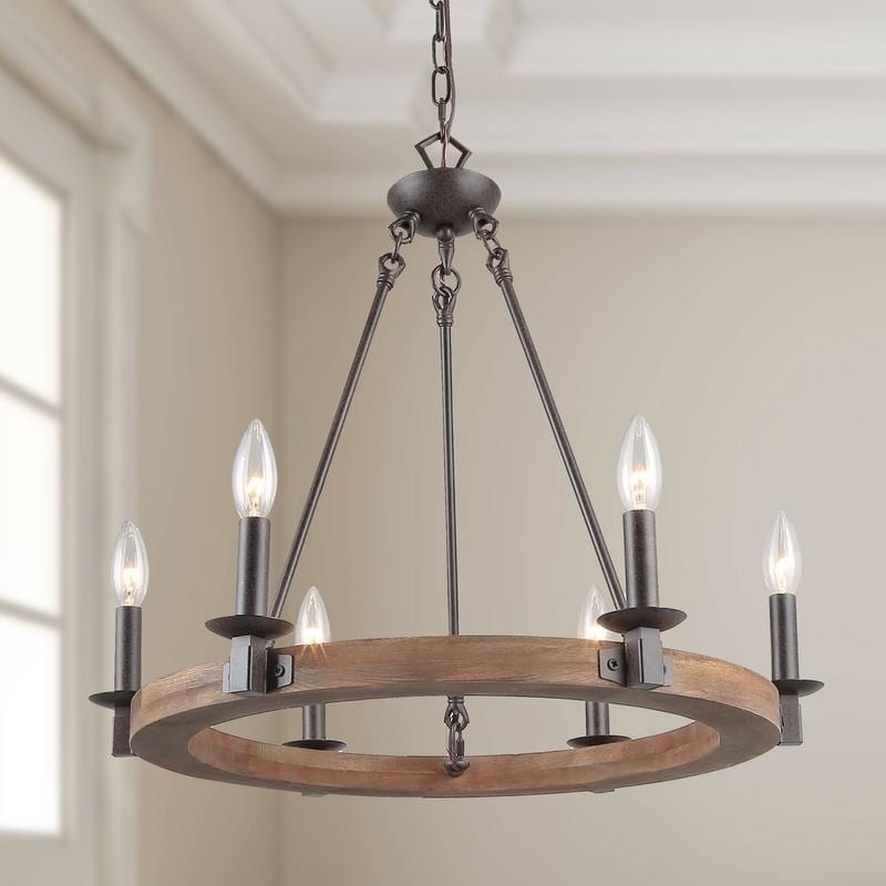 Miulie  6-Light Wagon Wheel Wood Chandelier Pendant Lighting - W22.8" x H21.3" (W22.8" x H21.3") - Chandeliers For Bedrooms by Overstock.com