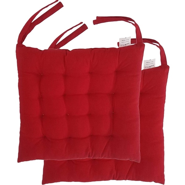 Cottone 100% Cotton Chair Pads w/Ties (Set of 2) | 16" x 15" Square | Ergonomic Pillows for Rocking, Dining, Camping, Red