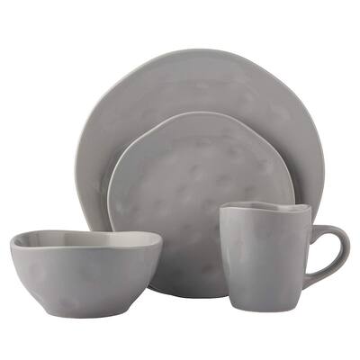 Melange Stoneware 16-Piece Irregular Shape Dinnerware Set (Grey) | 4 Dinner Plate, Salad Plate, Soup Bowl & Mug (4 Each)