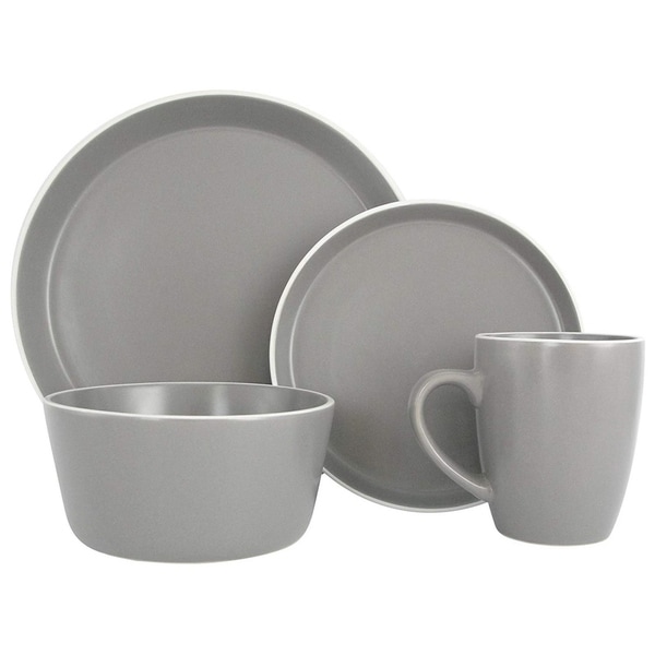 Melange Stoneware 16-Piece Dinnerware Set (Moderno Grey) | Service for 4 Dinner Plate, Salad Plate, Soup Bowl & Mug (4 Each)