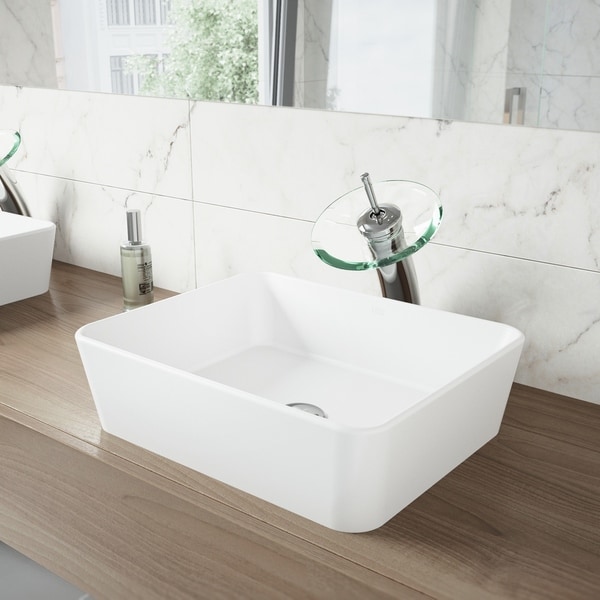 VIGO Marigold Matte Stone Bathroom Sink Set with Waterfall Faucet
