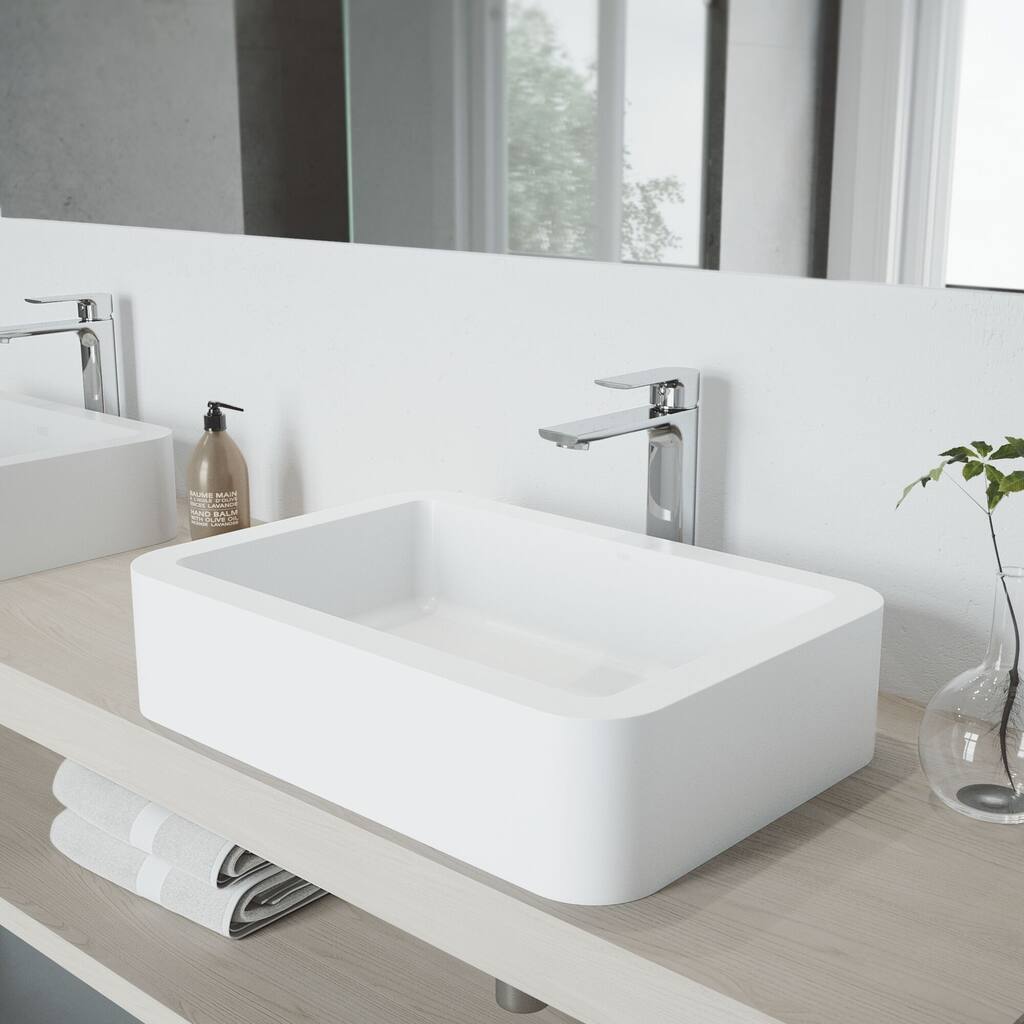 VIGO Petunia Matte Stone Vessel Bathroom Sink with Norfolk Faucet in a Chrome Finish, Pop-Up Drain Included