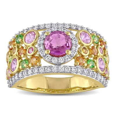 Miadora 14k Yellow Gold Multi-Color Sapphire Tsavorite and 1/2ct TDW Diamond Cluster Band Ring