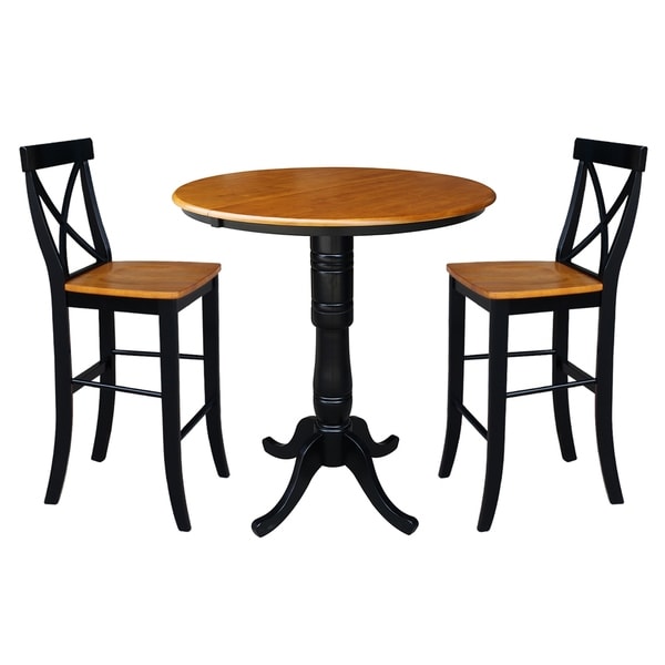 36" Round Top Pedestal Ext Table Bar Height With 12" Leaf And 2 Rta X-Back Barstools