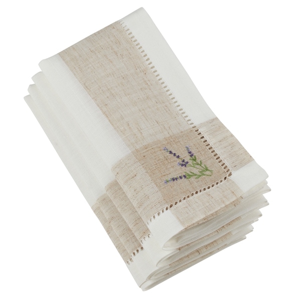 Saro Lifestyle White/Beige Embroidered Lavender Design Hempstitch Table Napkins (Set of 4)