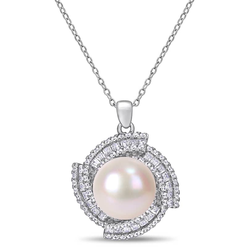 Miadora Sterling Silver Cultured FW Pearl and CZ Swirl Halo Necklace (12-13 mm)