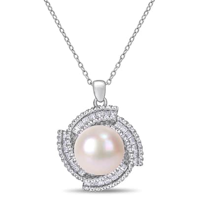 Miadora Sterling Silver Cultured FW Pearl and CZ Swirl Halo Necklace (12-13 mm)