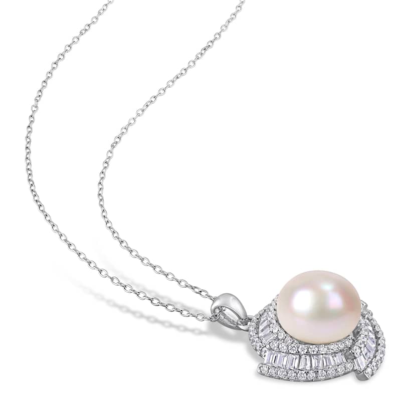 Miadora Sterling Silver Cultured FW Pearl and CZ Swirl Halo Necklace (12-13 mm)