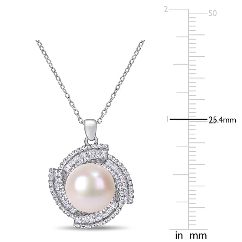 Miadora Sterling Silver Cultured FW Pearl and CZ Swirl Halo Necklace (12-13 mm)